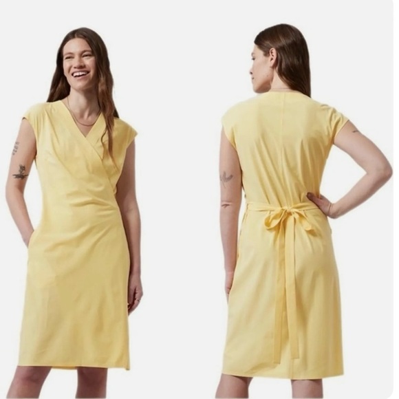 Athleta Newport Wrap Dress City Stripe Luneria Yellow Size Small STRETCH! - Picture 1 of 13